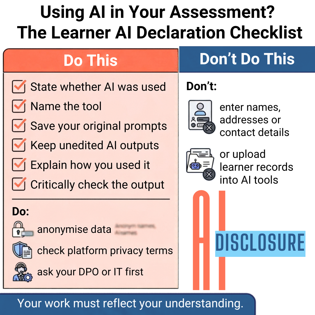 Tick-box checklist for learners using AI in assessment: state use, name the tool, save prompts, keep outputs, explain use, check the output
