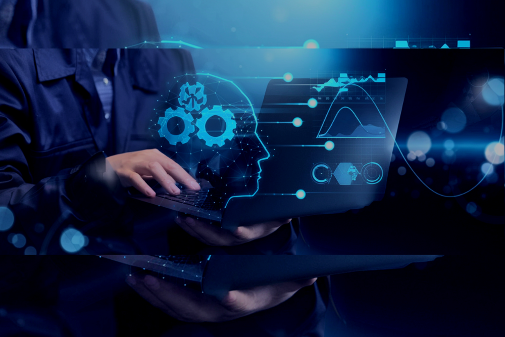 Educator using a laptop with a digital AI interface, gears, data charts and a human profile, representing artificial intelligence in vocational assessment and education.