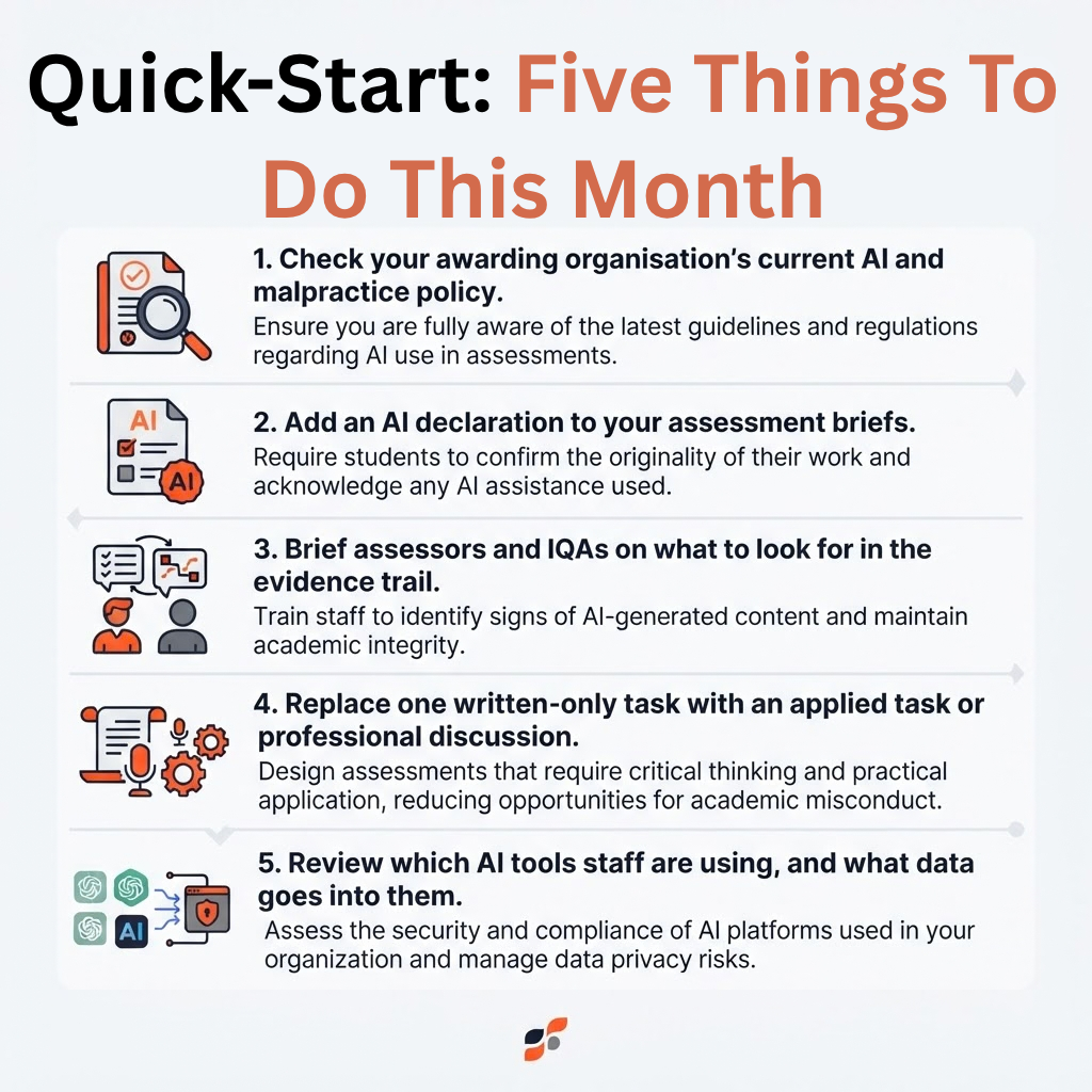 Five practical steps for managing AI use in assessments, including AI policies, declarations, evidence trails, applied tasks, and data privacy.