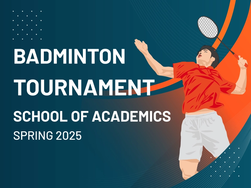 Illustration of badminton player in red shirt hitting shuttlecock on a blue and orange background representing Badminton Tournament Spring 2025