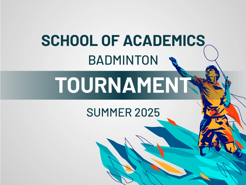 Illustration of badminton player with racket and shuttlecock on a light background representing Badminton Tournament Summer 2025