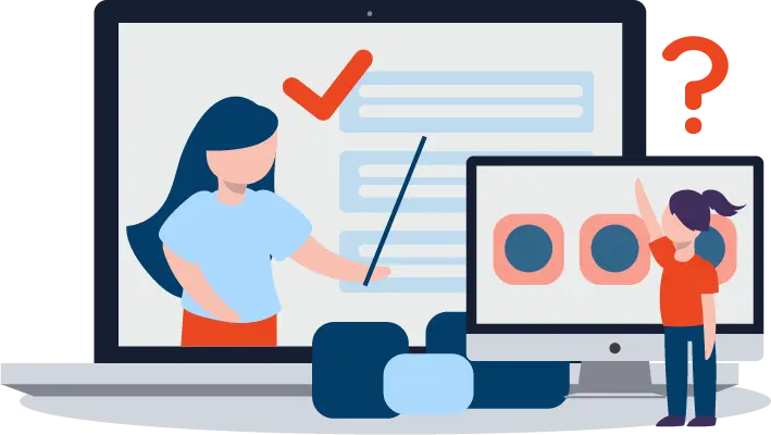 Illustration of a woman holding a laptop pointing at a pie chart with people icons around it, representing management and leadership skills