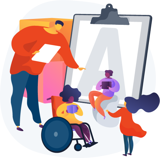 Illustration of a woman holding a laptop pointing at a pie chart with people icons around it, representing management and leadership skills