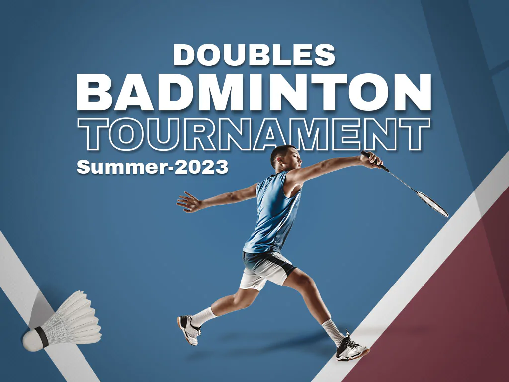 Illustration of badminton player in red shirt hitting shuttlecock on a blue and orange background representing Badminton Tournament Spring 2025