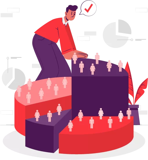Illustration of a man in red shirt standing behind a pie chart with small human icons on it, symbolizing management and leadership