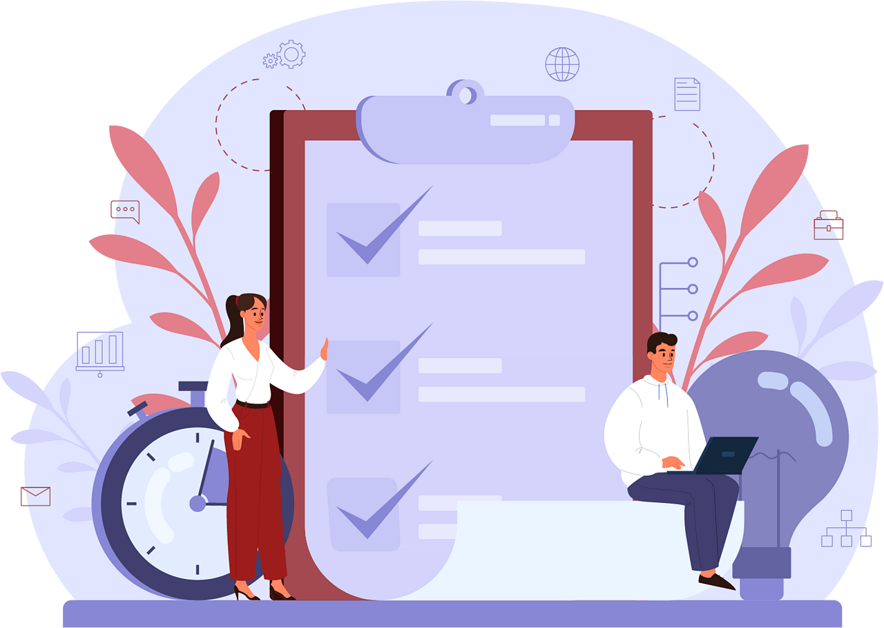 Illustration of a woman holding a laptop pointing at a pie chart with people icons around it, representing management and leadership skills