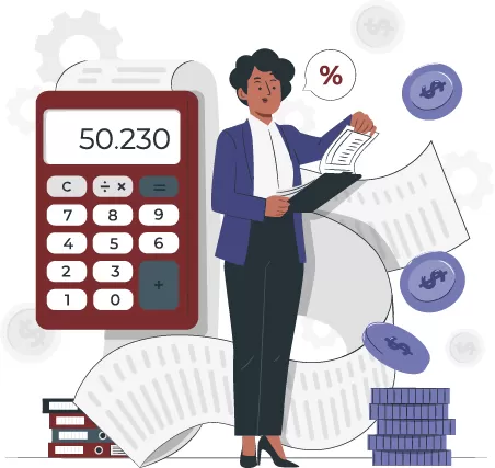 Illustration of a man in red shirt standing behind a pie chart with small human icons on it, symbolizing management and leadership