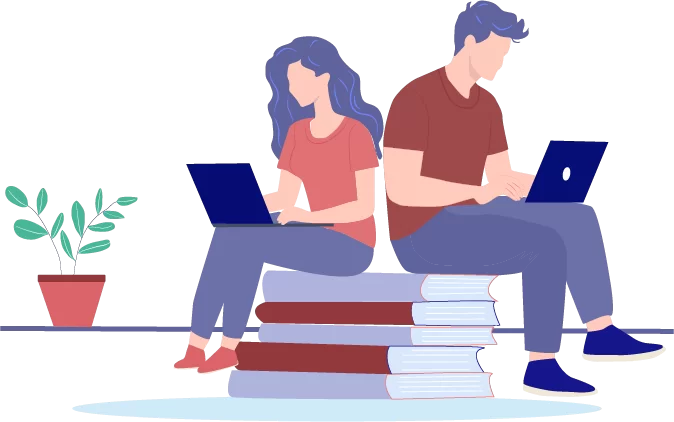 Illustration of a woman holding a laptop pointing at a pie chart with people icons around it, representing management and leadership skills