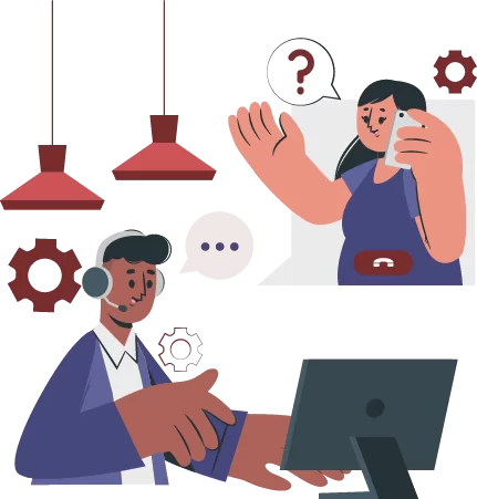 Illustration of a man in red shirt standing behind a pie chart with small human icons on it, symbolizing management and leadership