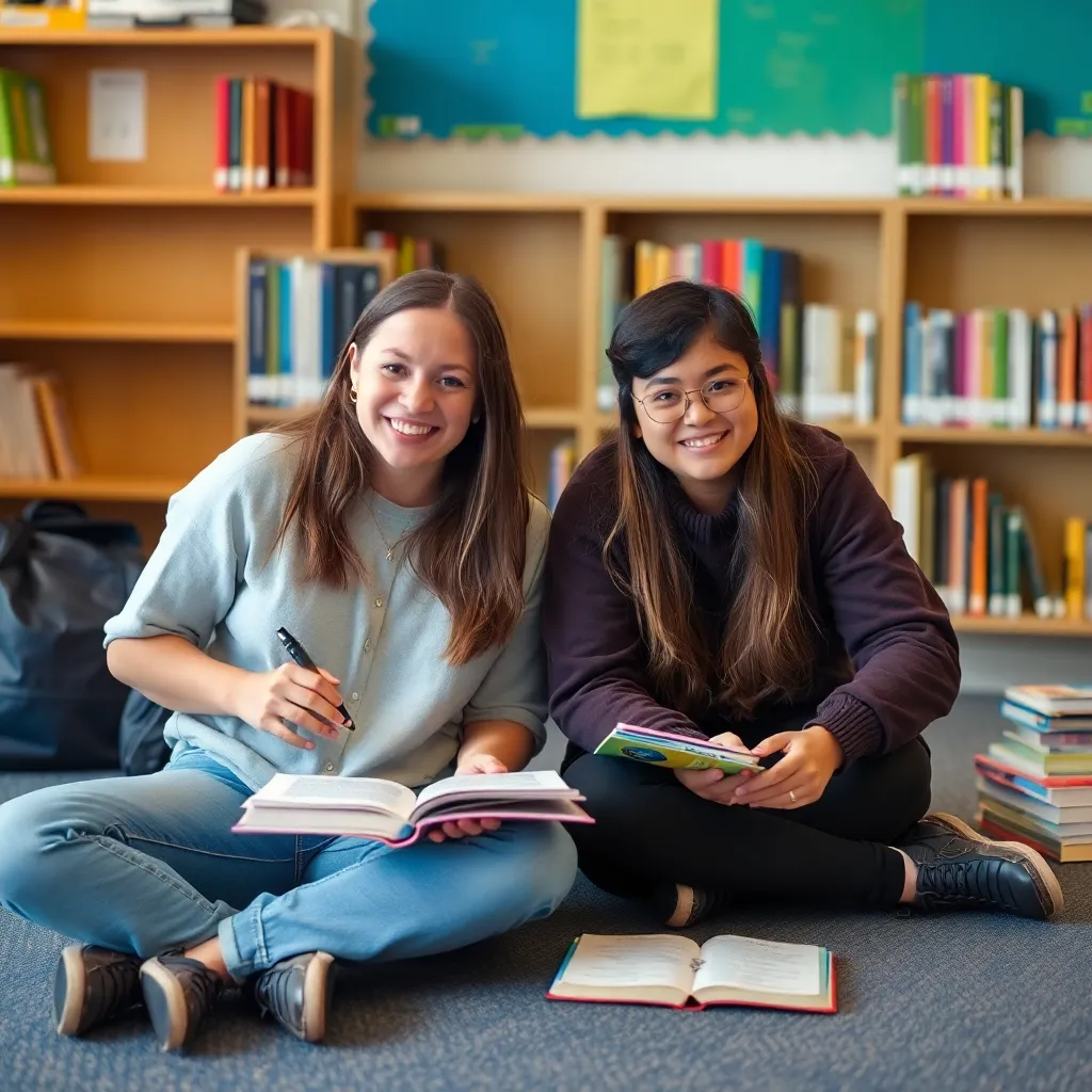 Two students sitting on floor with books