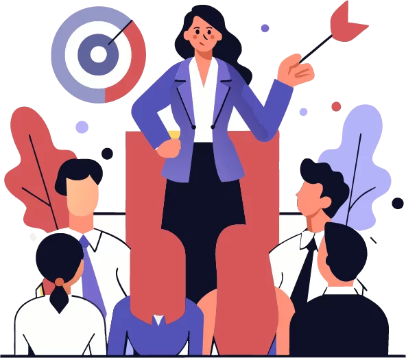 Illustration of a woman holding a laptop pointing at a pie chart with people icons around it, representing management and leadership skills