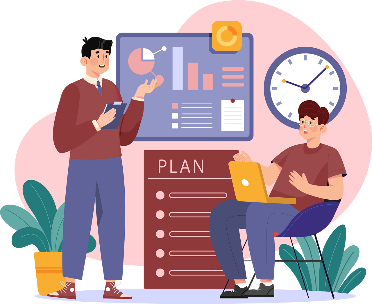 Illustration of a woman holding a laptop pointing at a pie chart with people icons around it, representing management and leadership skills